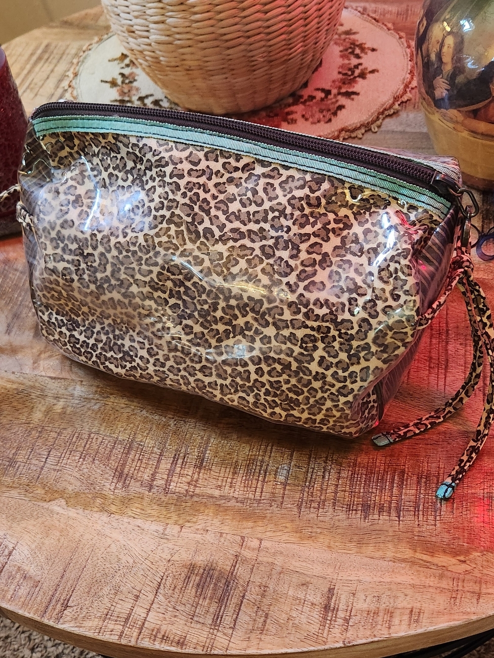 Leopard Print Clear Cosmetic Bag with Mint Zipper, LOVE HEART pulley.